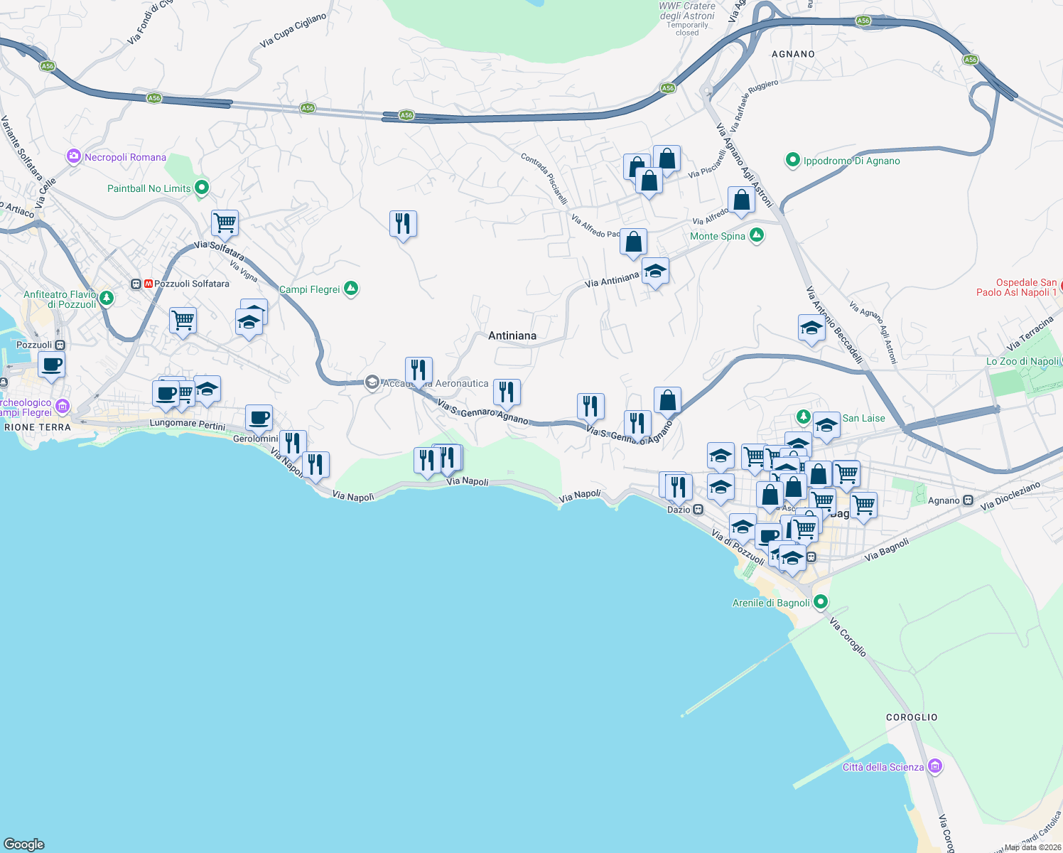 map of restaurants, bars, coffee shops, grocery stores, and more near 59 Via San Gennaro Agnano in Pozzuoli