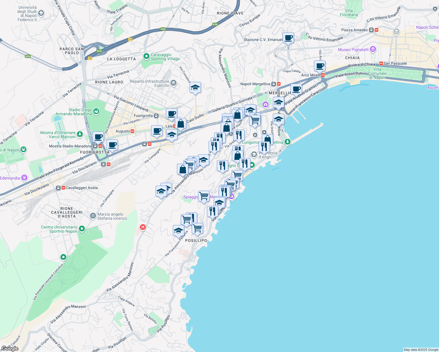 map of restaurants, bars, coffee shops, grocery stores, and more near 5 Via Plauto in Napoli