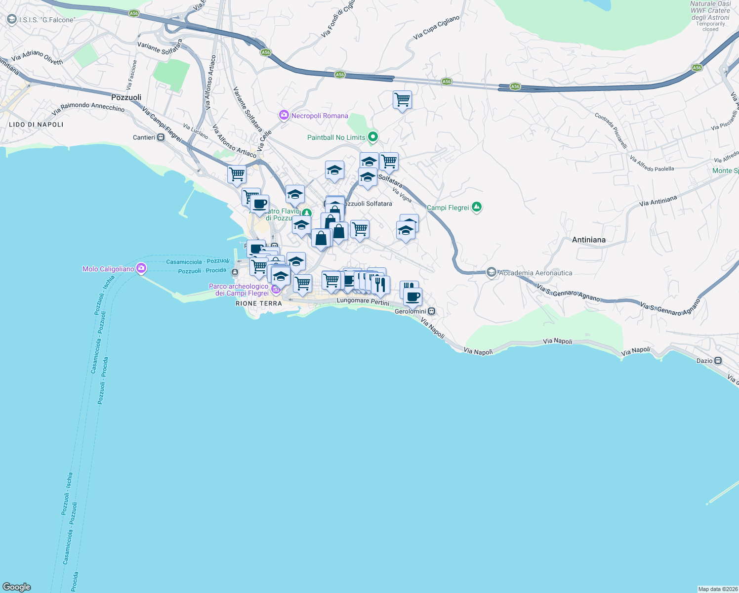 map of restaurants, bars, coffee shops, grocery stores, and more near 103 Corso Umberto I in Pozzuoli