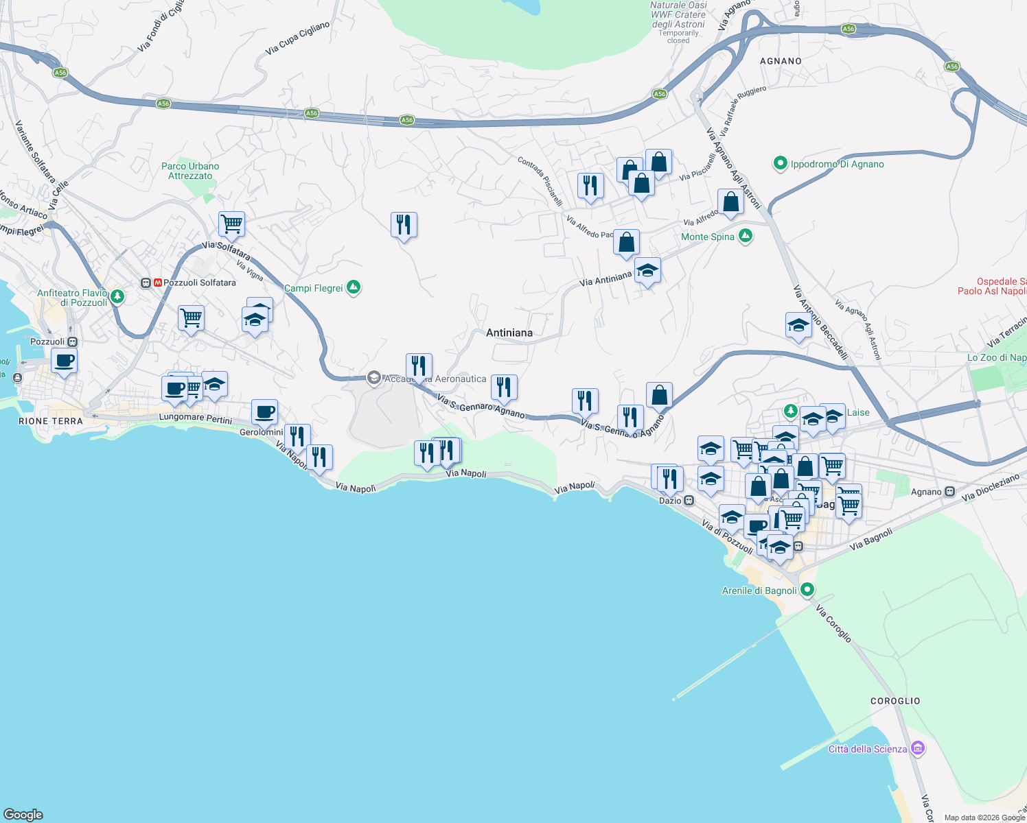 map of restaurants, bars, coffee shops, grocery stores, and more near 59 Via San Gennaro Agnano in Pozzuoli
