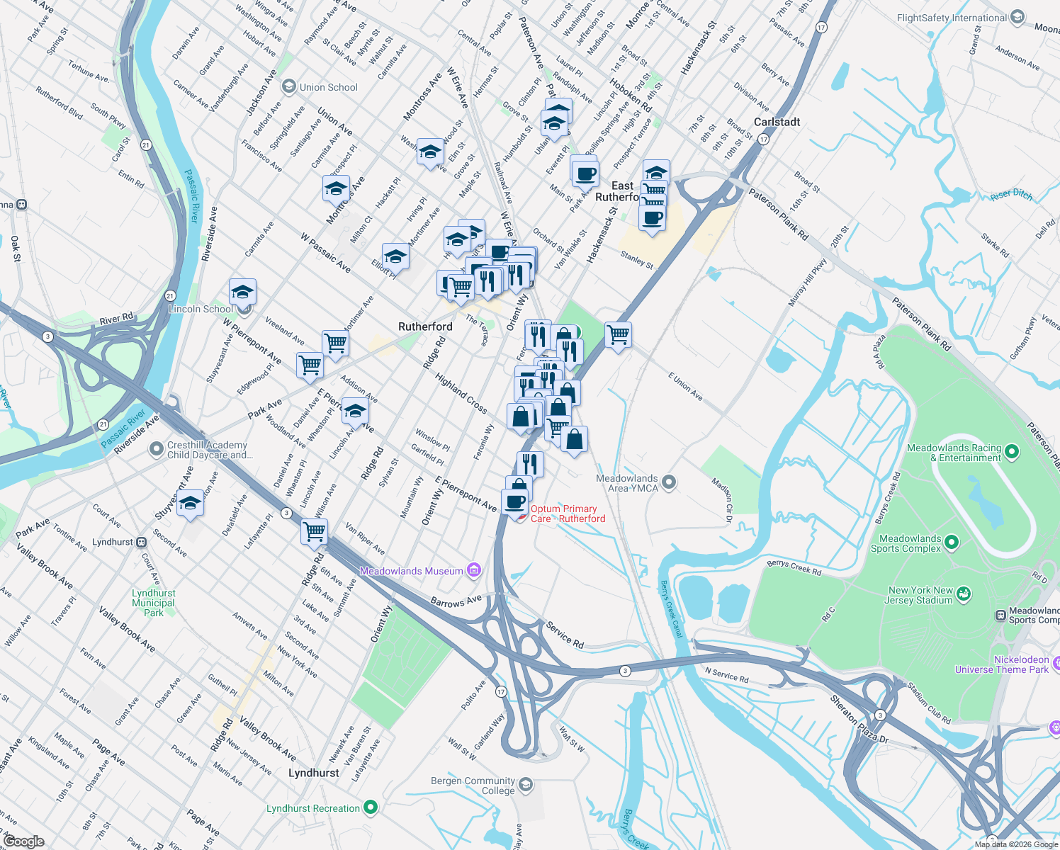 map of restaurants, bars, coffee shops, grocery stores, and more near Meadow Road in Rutherford