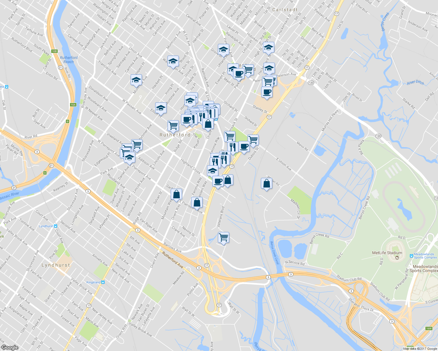 map of restaurants, bars, coffee shops, grocery stores, and more near 40 New Jersey 17 in Rutherford