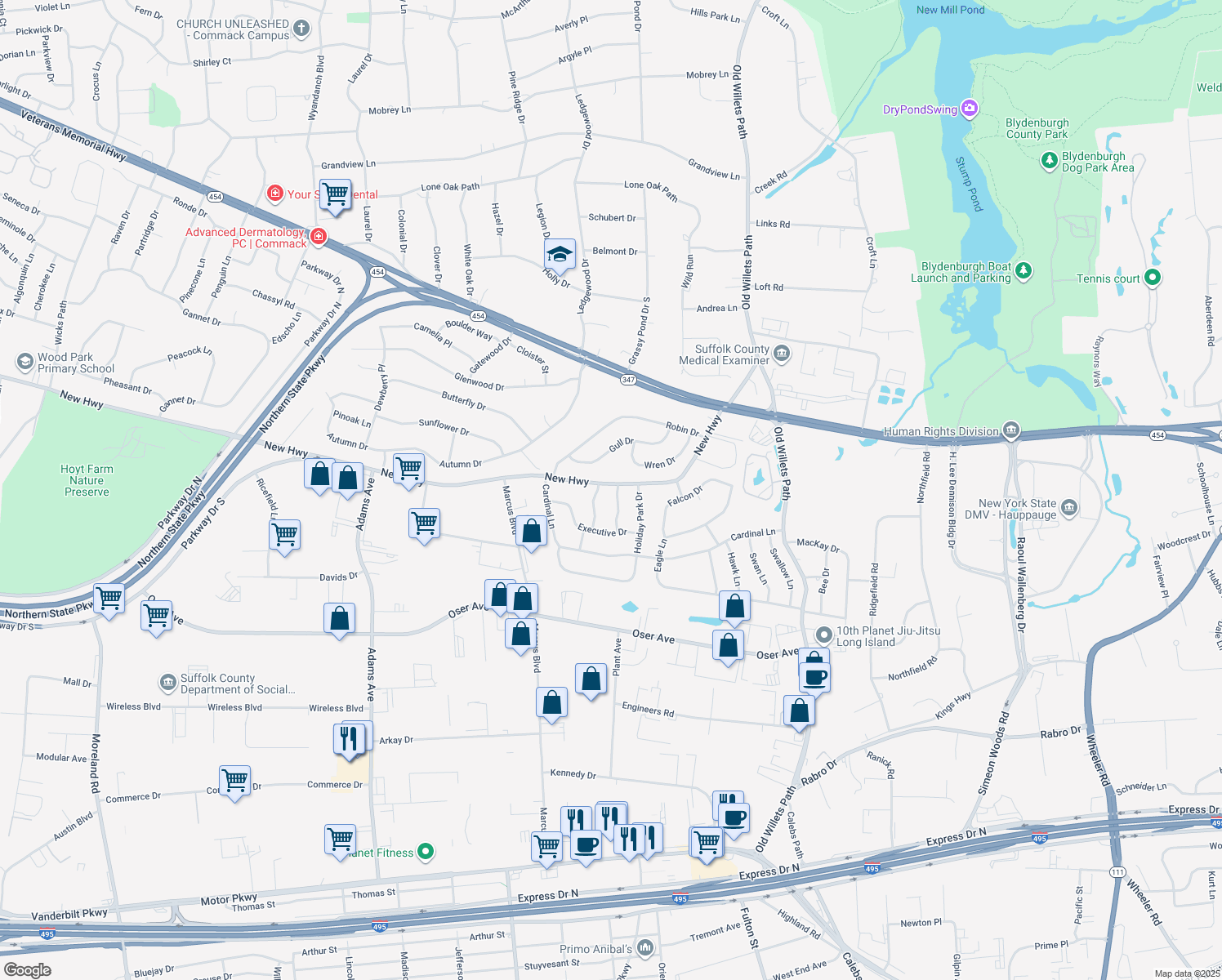 map of restaurants, bars, coffee shops, grocery stores, and more near 2 Leeland Drive in Hauppauge