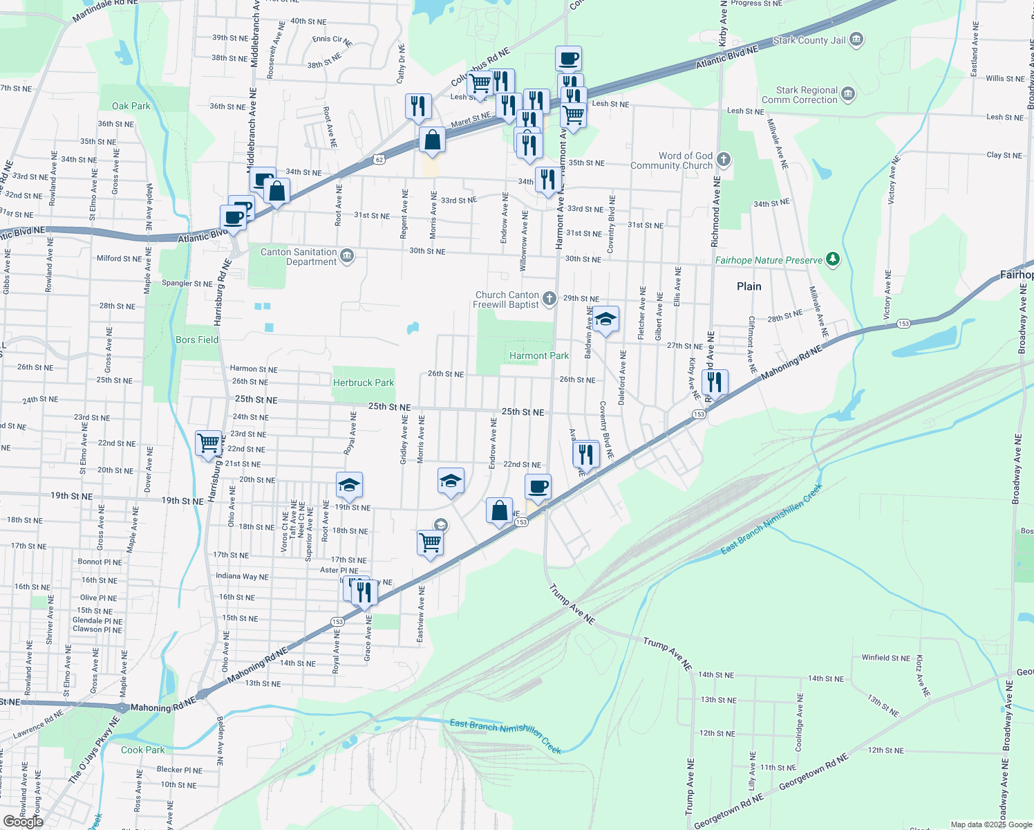 map of restaurants, bars, coffee shops, grocery stores, and more near 3102 25th St NE in Canton