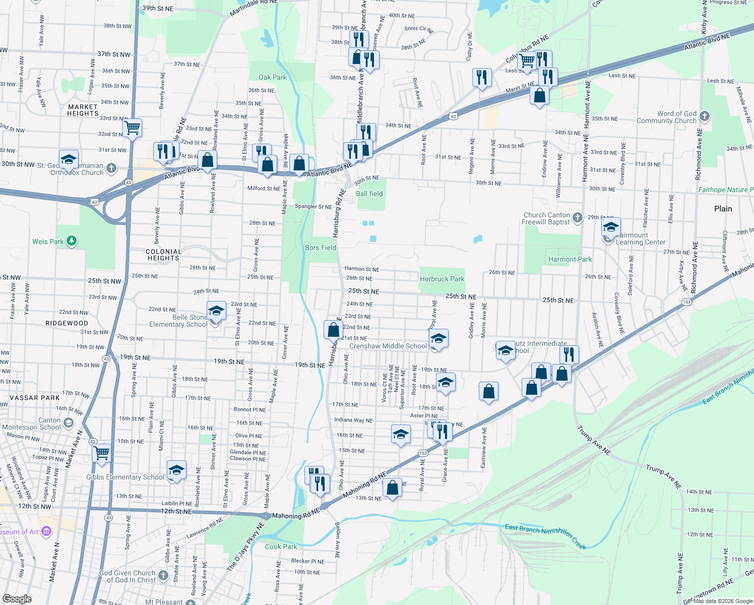 map of restaurants, bars, coffee shops, grocery stores, and more near 2215 24th Street Northeast in Canton