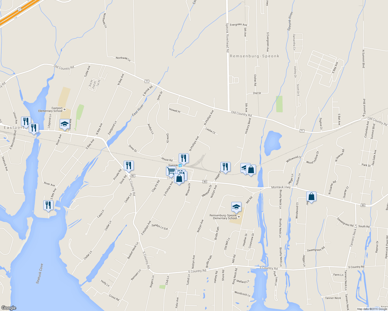 map of restaurants, bars, coffee shops, grocery stores, and more near 64 North Phillips Avenue in Remsenburg-Speonk
