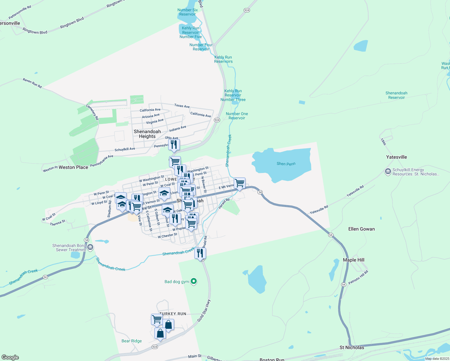 map of restaurants, bars, coffee shops, grocery stores, and more near 413 East Lloyd Street in Shenandoah
