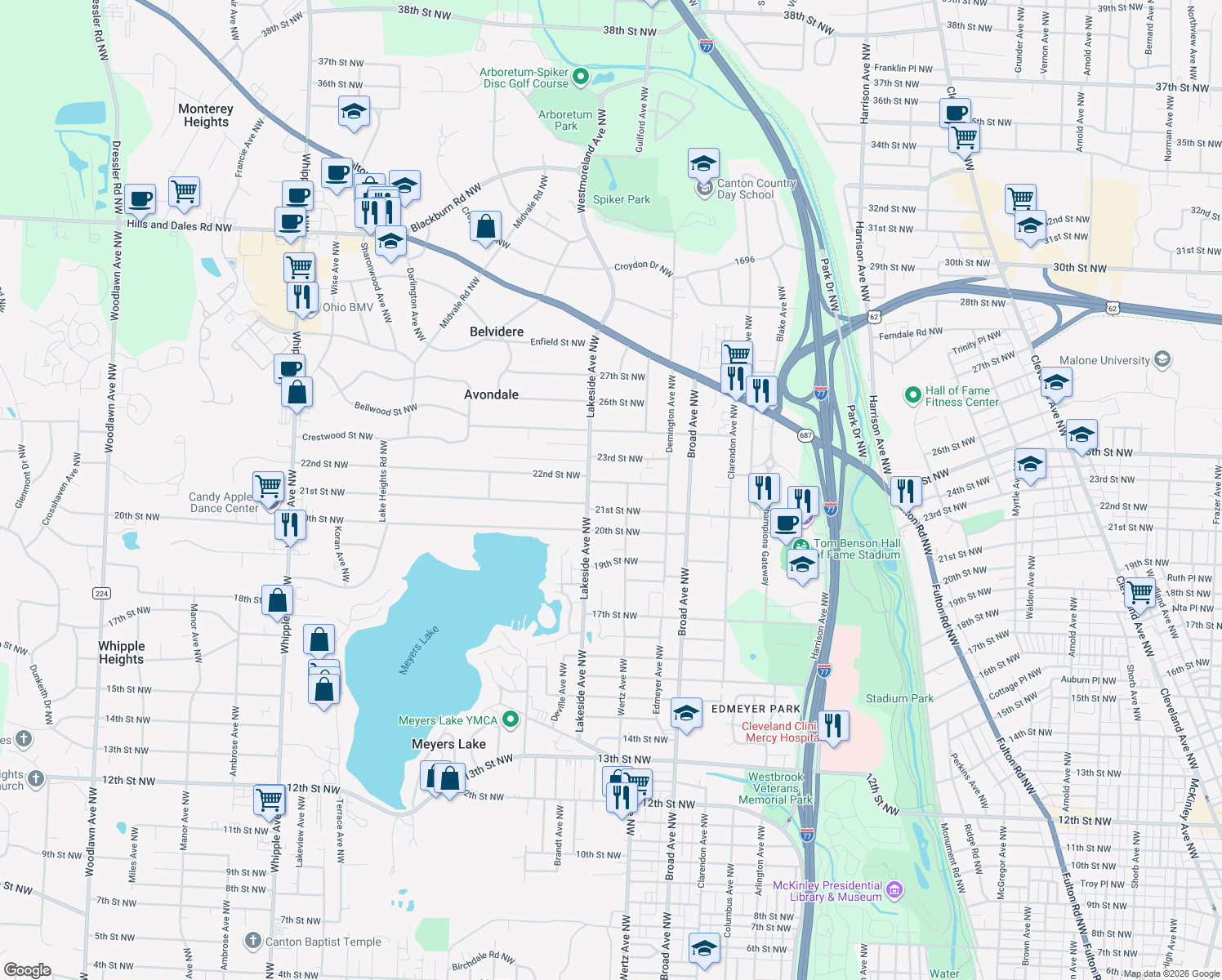 map of restaurants, bars, coffee shops, grocery stores, and more near 3044 22nd Street Northwest in Canton