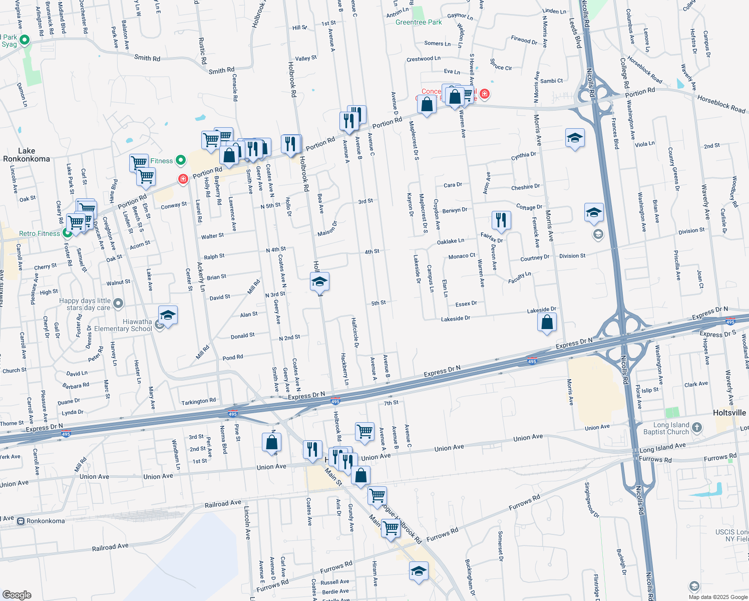 map of restaurants, bars, coffee shops, grocery stores, and more near 128 Avenue B in Holbrook