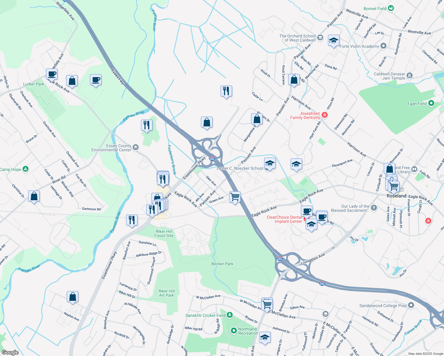 map of restaurants, bars, coffee shops, grocery stores, and more near 51 Passaic Avenue in Roseland