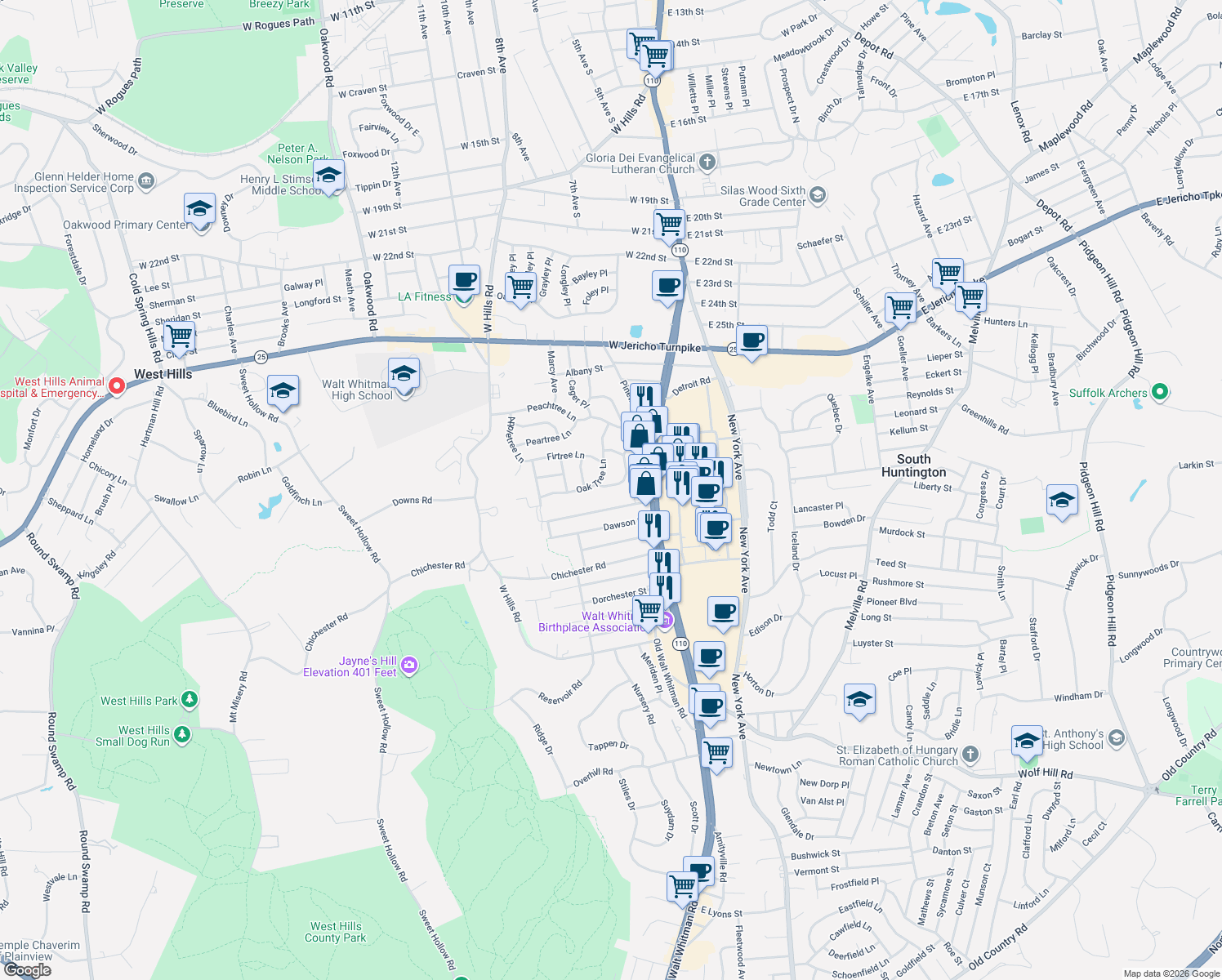map of restaurants, bars, coffee shops, grocery stores, and more near 24 Sprucetree Ln in Huntington Station