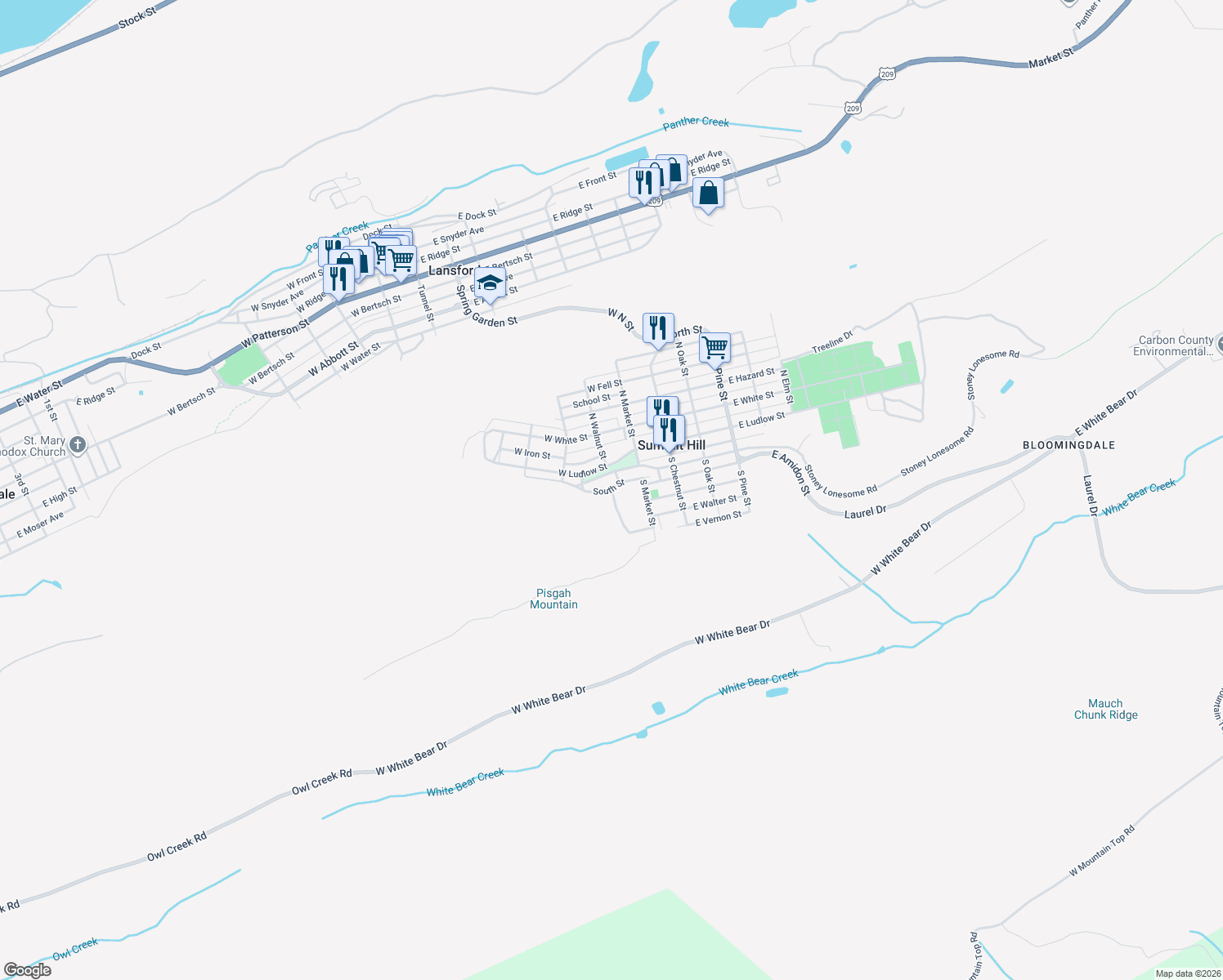 map of restaurants, bars, coffee shops, grocery stores, and more near Beech St in Summit Hill