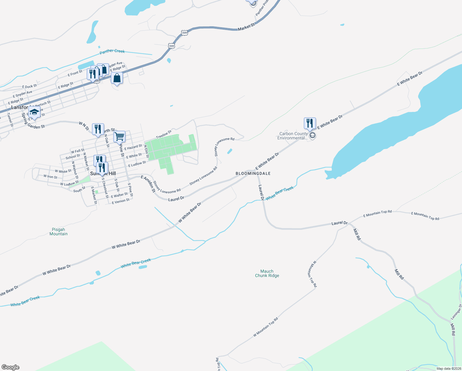 map of restaurants, bars, coffee shops, grocery stores, and more near 8 W White Bear Dr in Summit Hill
