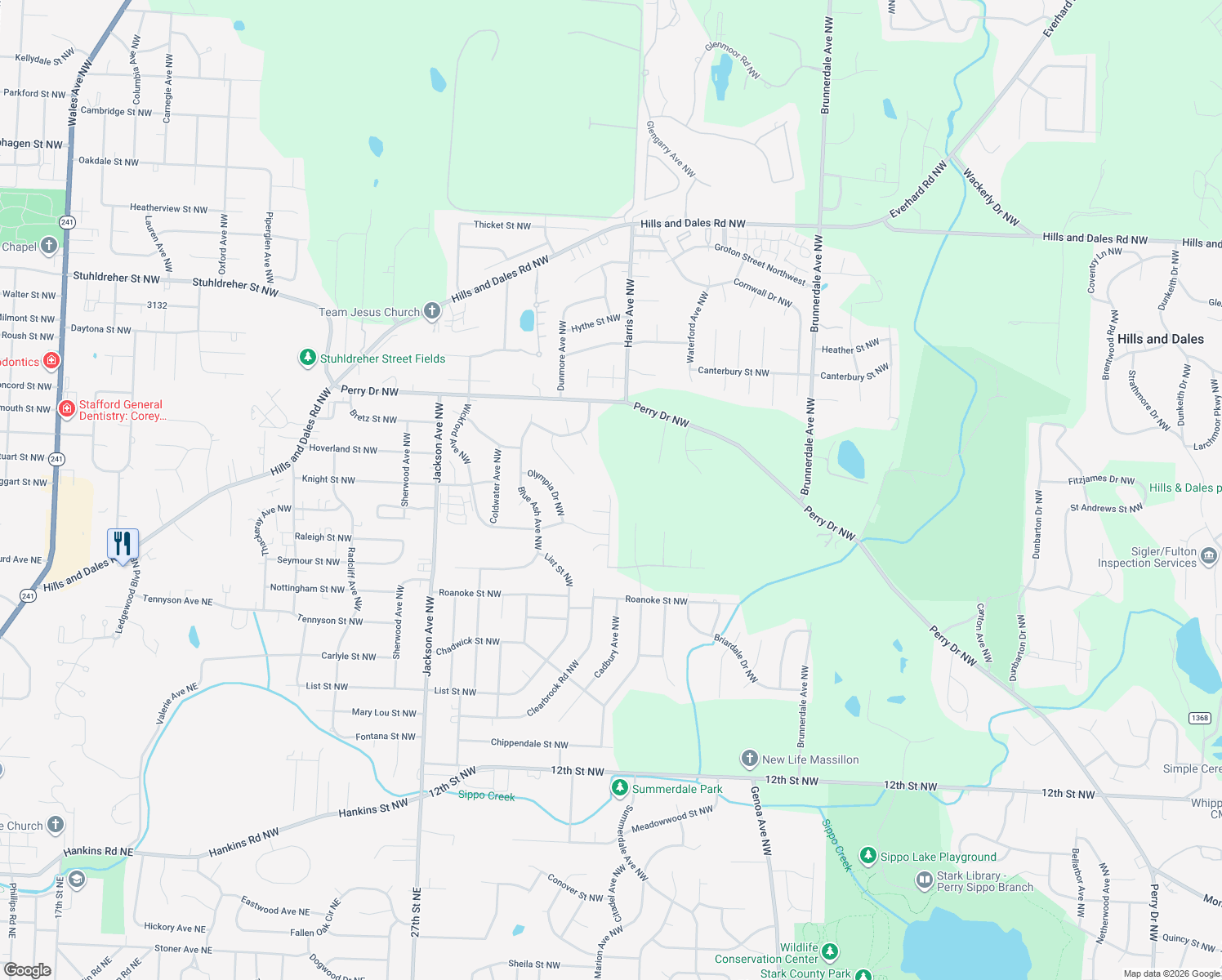 map of restaurants, bars, coffee shops, grocery stores, and more near 2904 Vicksburg Avenue Northwest in Canton