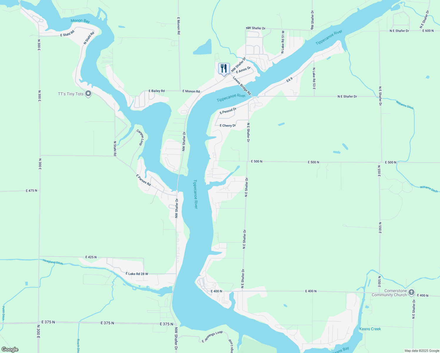 map of restaurants, bars, coffee shops, grocery stores, and more near 4280 East Garfield Court in Monticello
