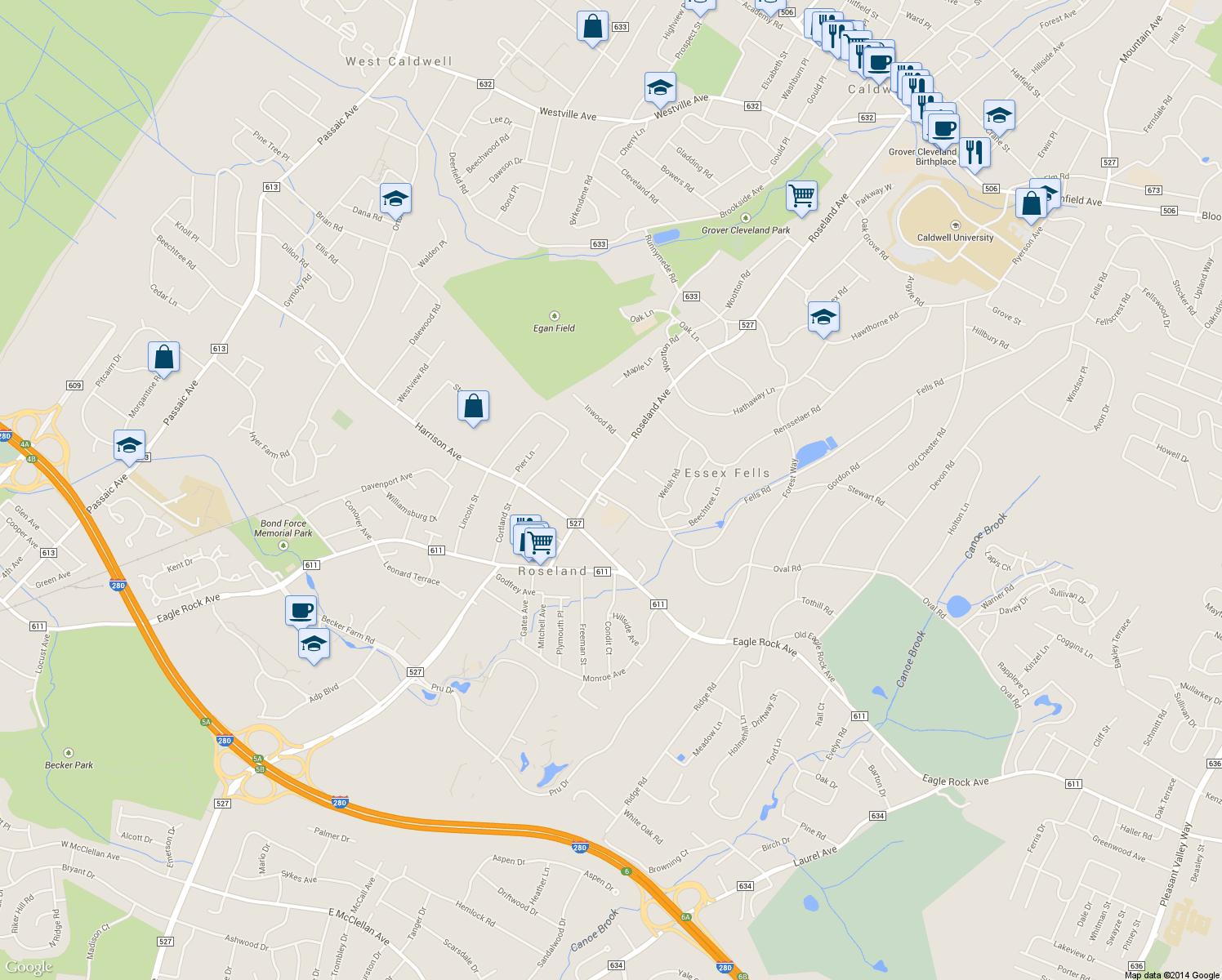 map of restaurants, bars, coffee shops, grocery stores, and more near 370 Roseland Ave in Essex Fells