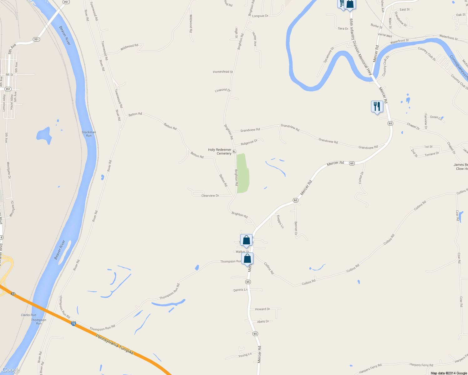 map of restaurants, bars, coffee shops, grocery stores, and more near 3168 Brighton Rd in Ellwood City