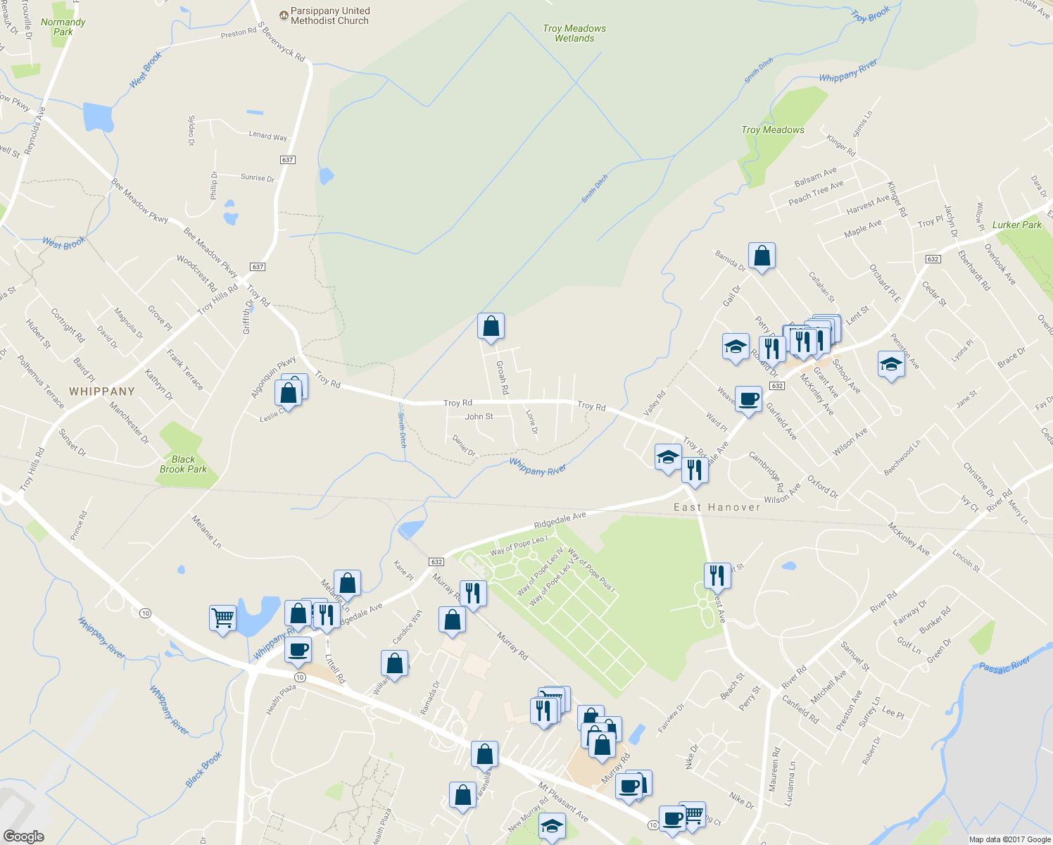 map of restaurants, bars, coffee shops, grocery stores, and more near 9 Lorie Drive in East Hanover
