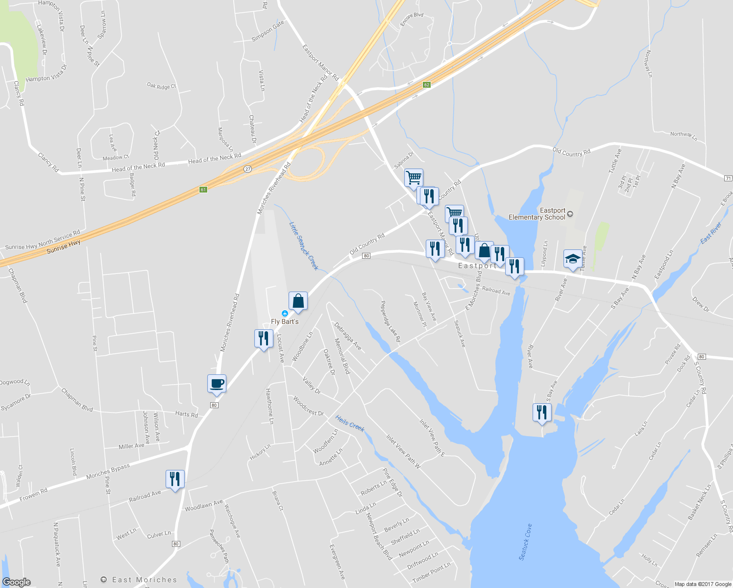 map of restaurants, bars, coffee shops, grocery stores, and more near 901 Pepperidge Lake Road in Eastport