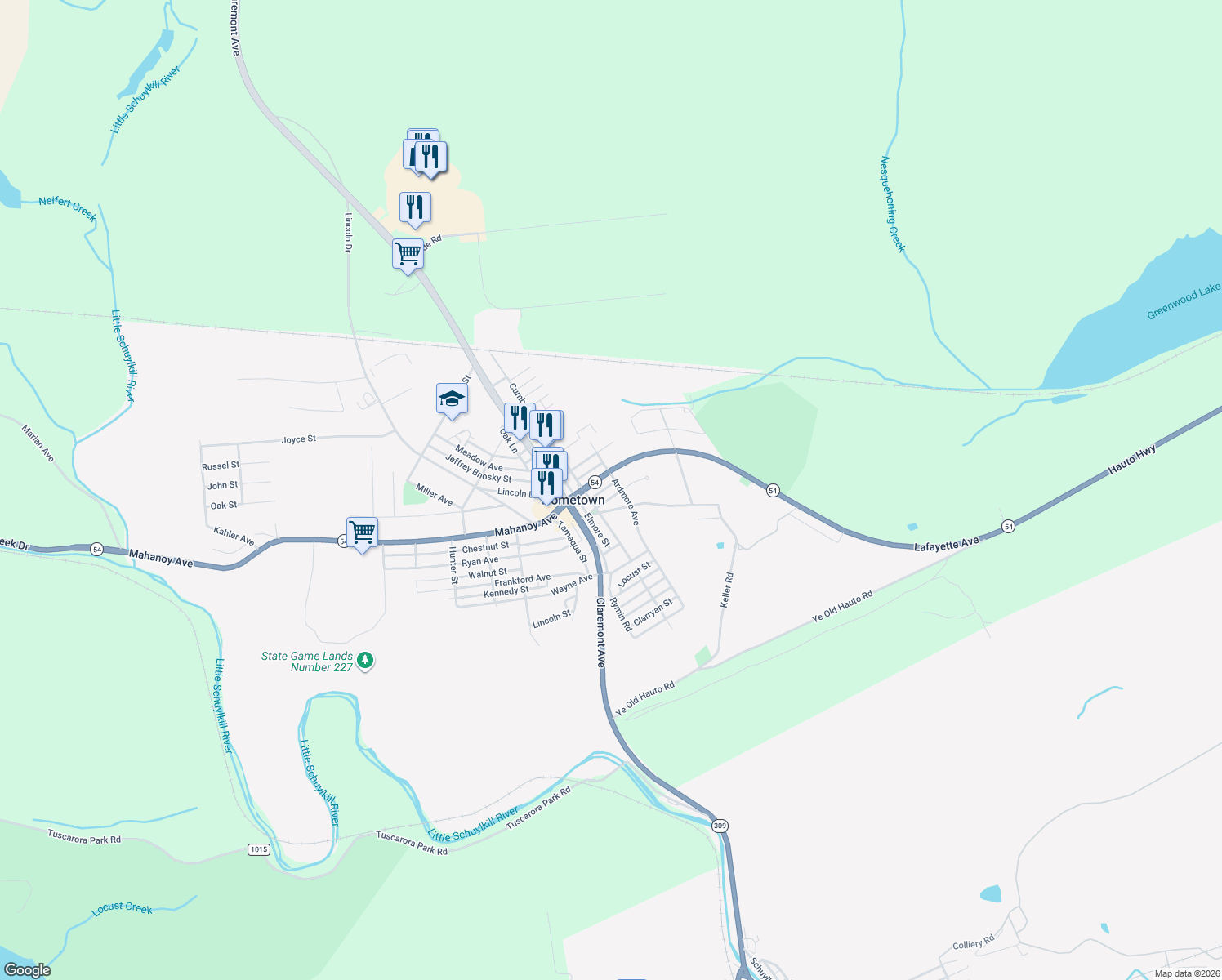 map of restaurants, bars, coffee shops, grocery stores, and more near 19 Lynwood St in Tamaqua