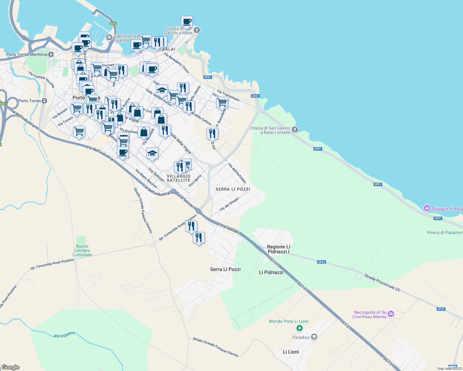 map of restaurants, bars, coffee shops, grocery stores, and more near 16A Via degli Ulivi in Porto Torres