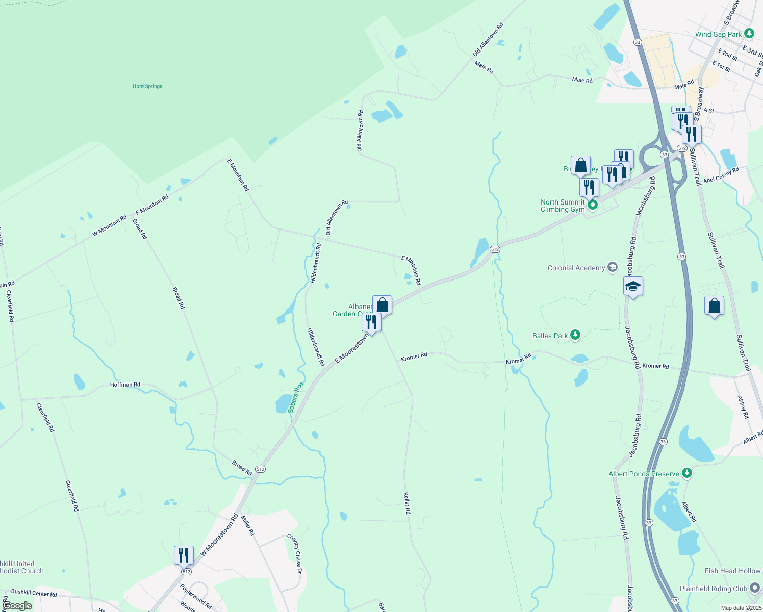 map of restaurants, bars, coffee shops, grocery stores, and more near 271 East Moorestown Road in Wind Gap