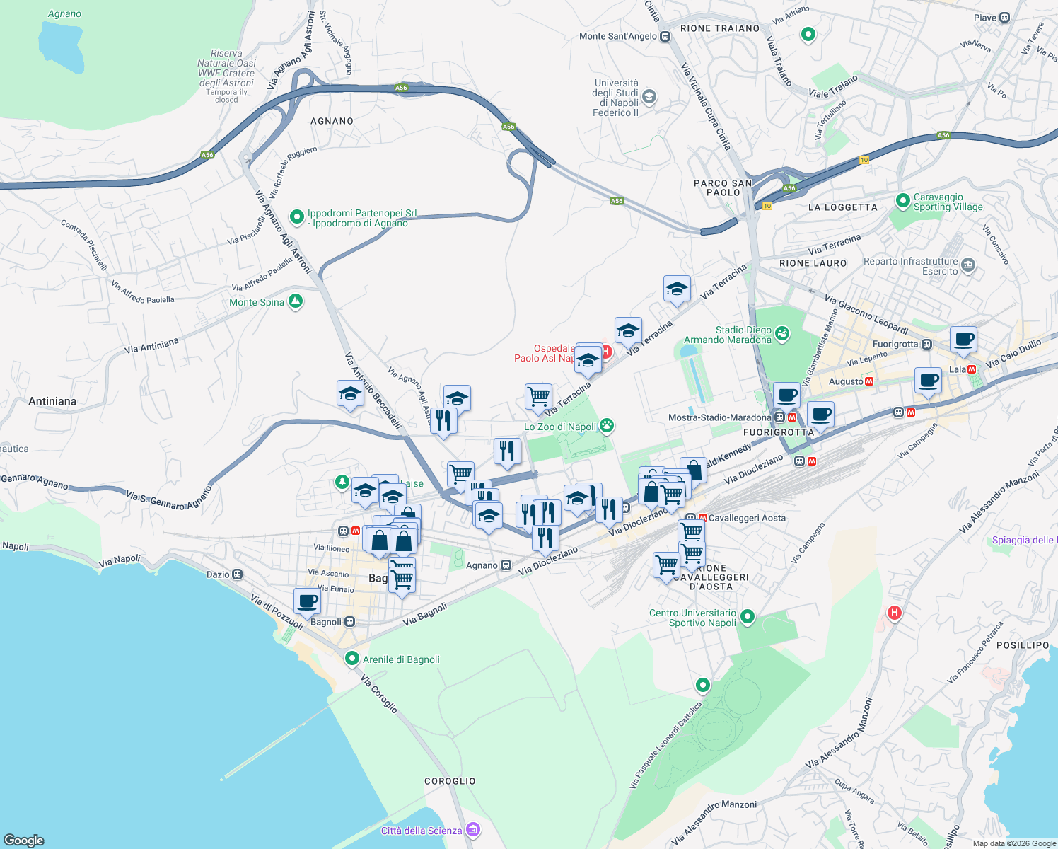 map of restaurants, bars, coffee shops, grocery stores, and more near 75 Via Terracina in Napoli