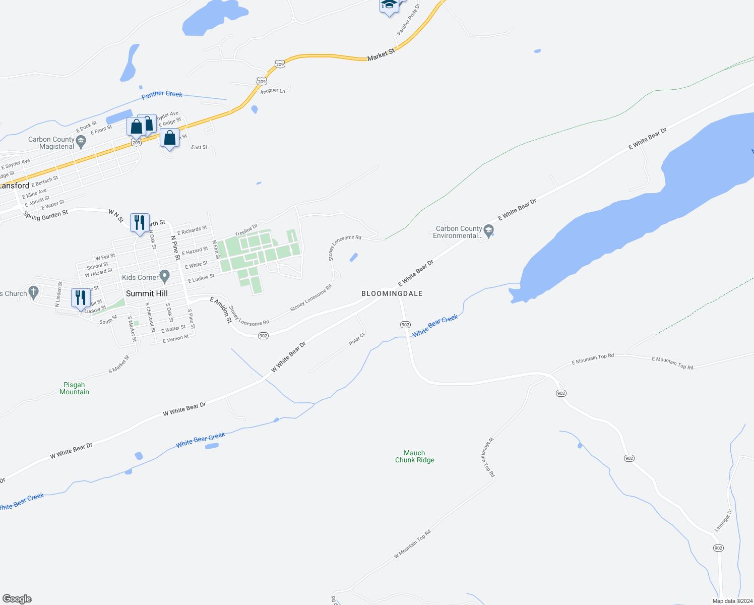 map of restaurants, bars, coffee shops, grocery stores, and more near 29 West White Bear Drive in Summit Hill