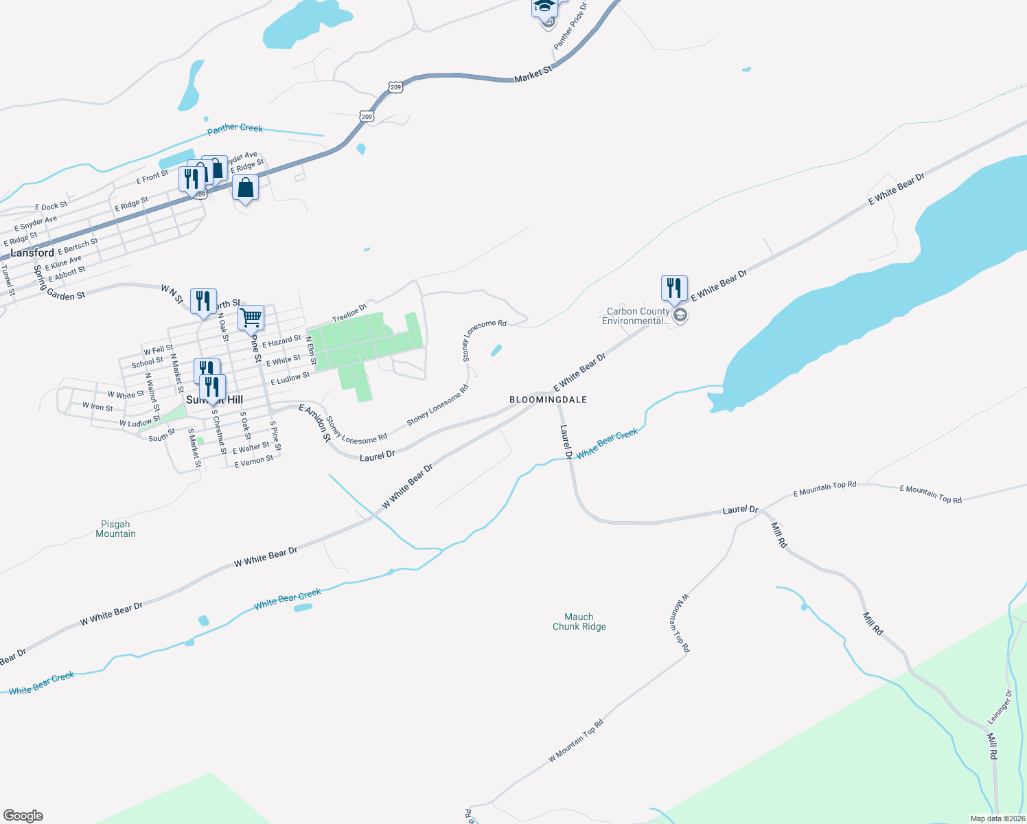 map of restaurants, bars, coffee shops, grocery stores, and more near 4-8 W White Bear Dr in Summit Hill