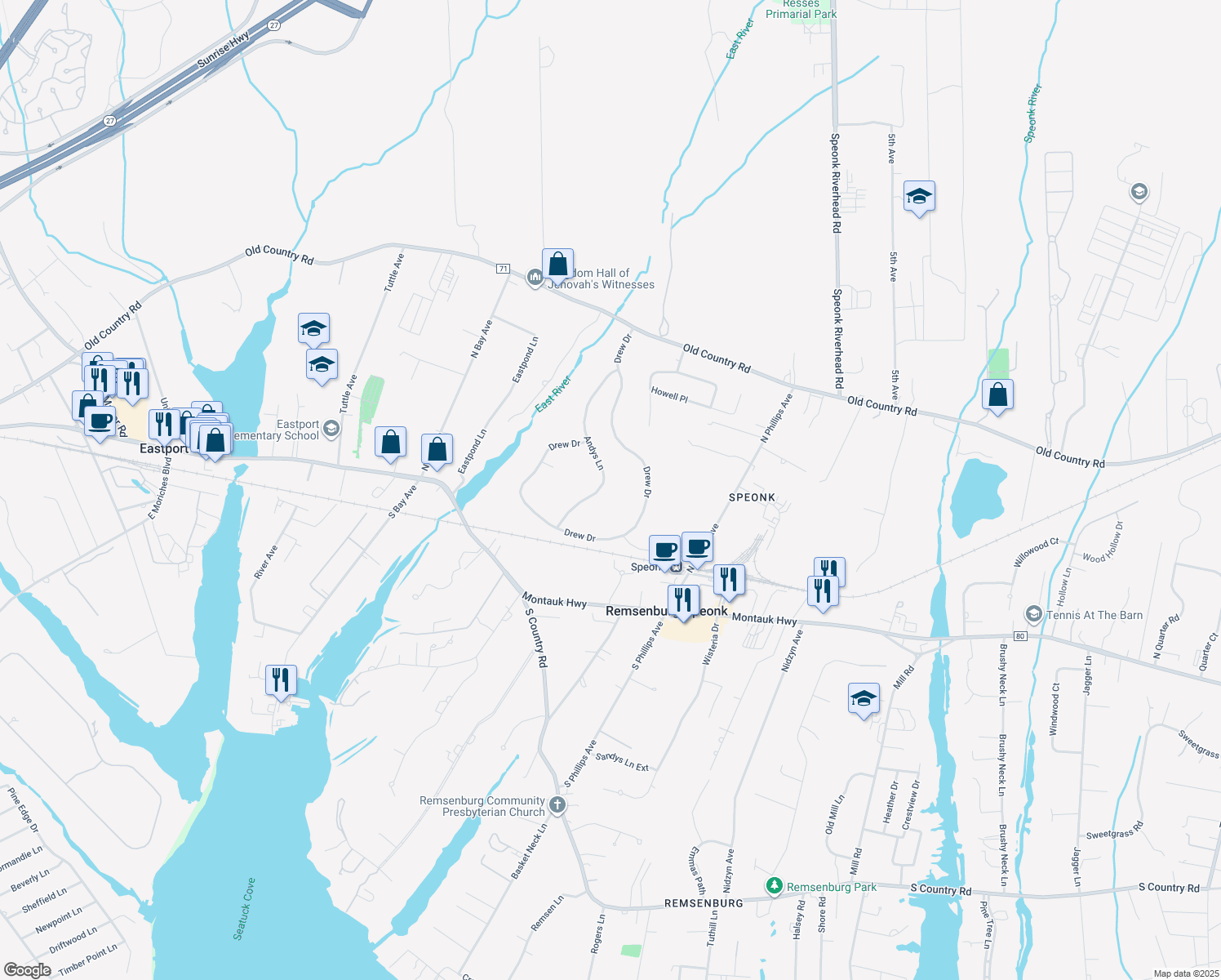 map of restaurants, bars, coffee shops, grocery stores, and more near 30 Andys Lane in Eastport