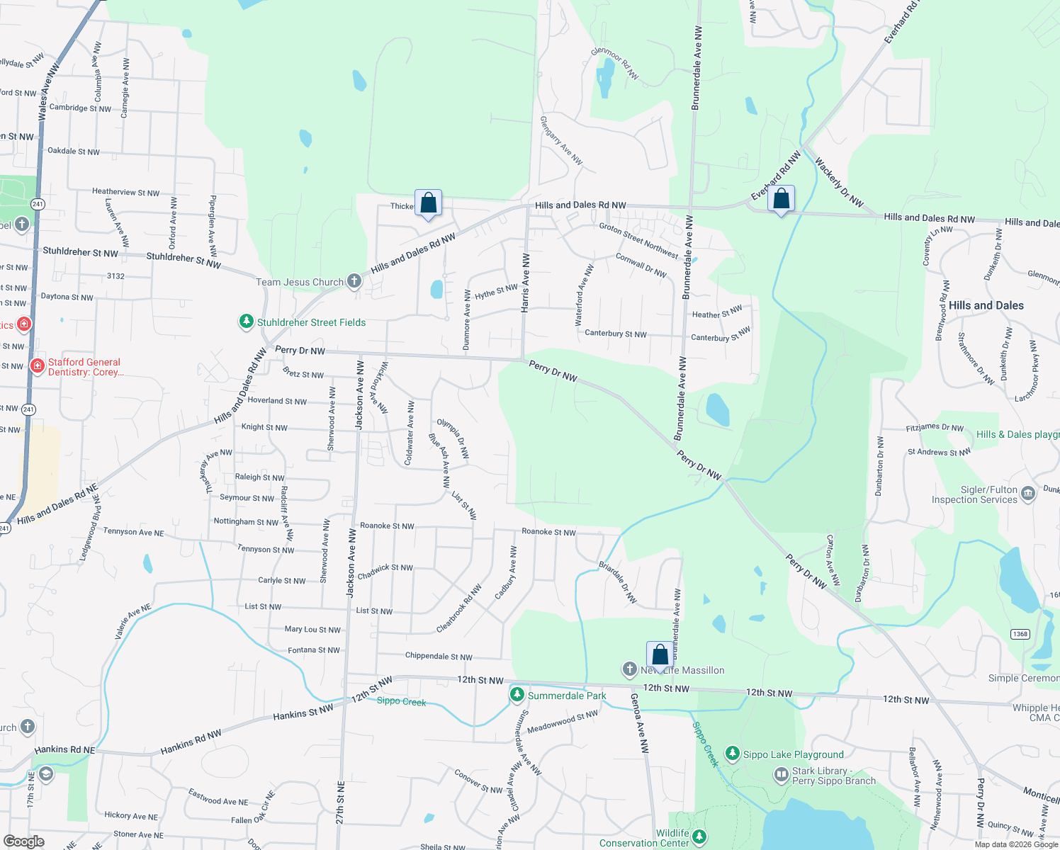 map of restaurants, bars, coffee shops, grocery stores, and more near 2904 Vicksburg Avenue Northwest in Canton