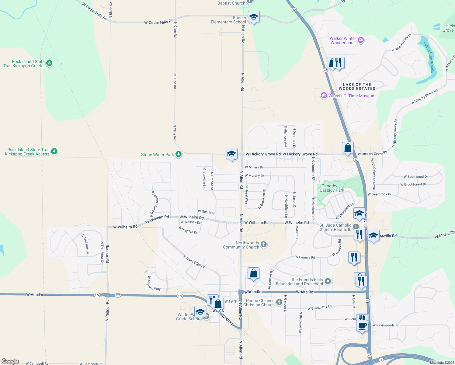 map of restaurants, bars, coffee shops, grocery stores, and more near West Whittington Way in Dunlap