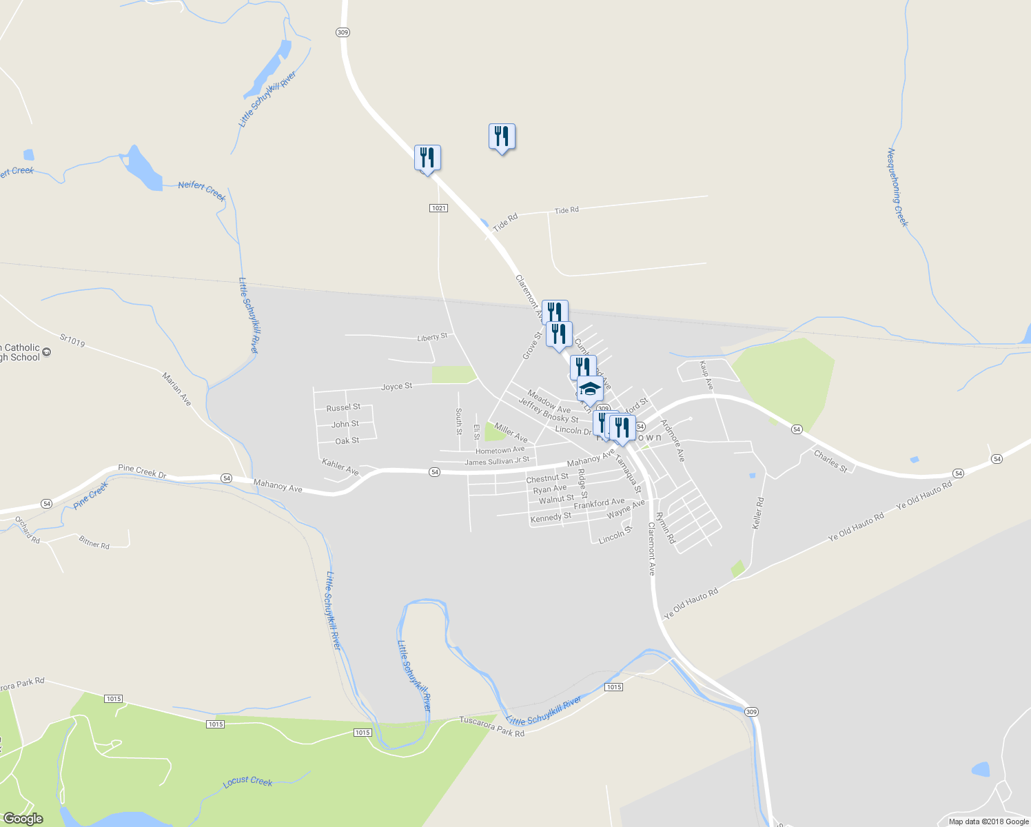 map of restaurants, bars, coffee shops, grocery stores, and more near 71 Lincoln Drive in Tamaqua