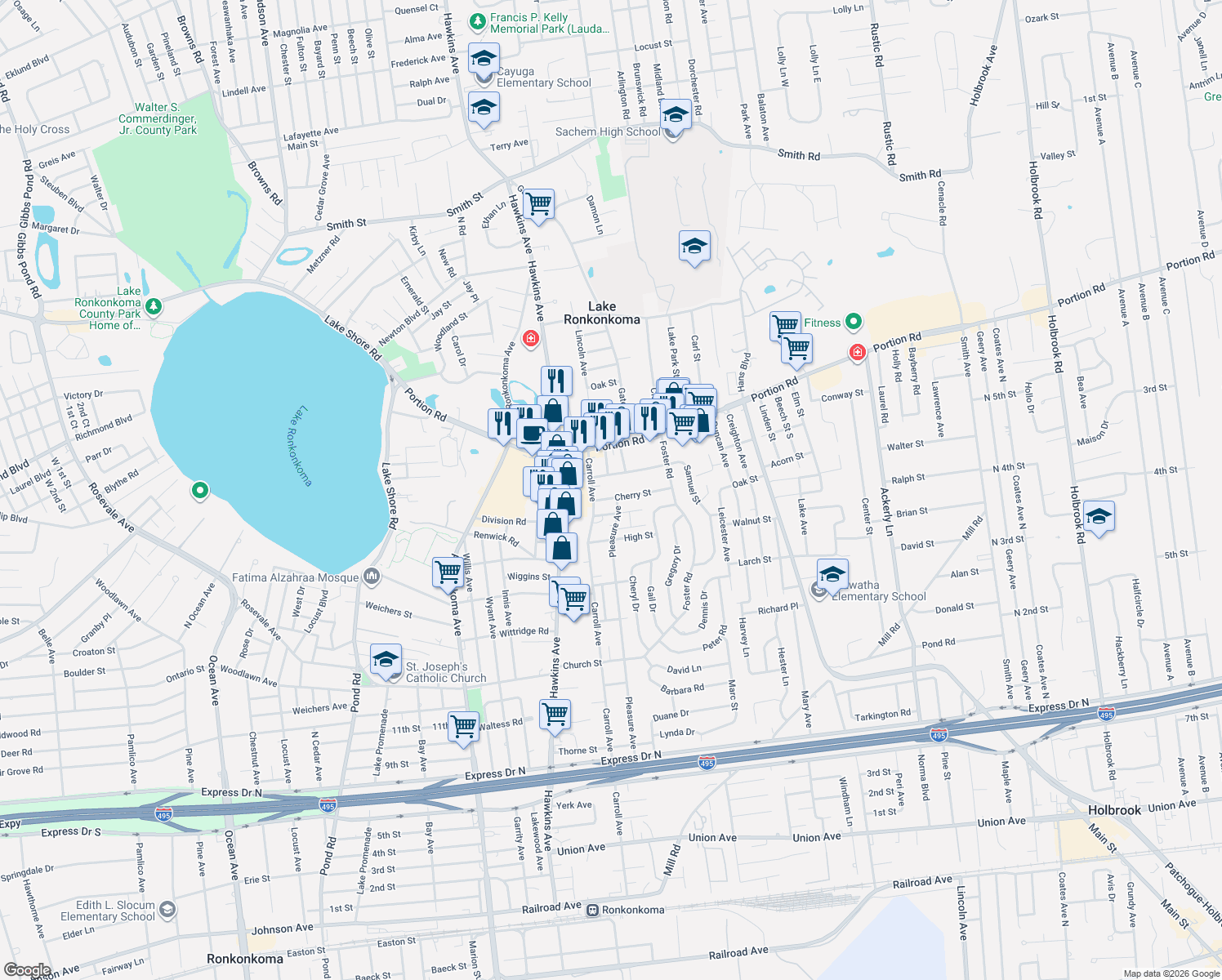 map of restaurants, bars, coffee shops, grocery stores, and more near 11 Cherry Street in Lake Ronkonkoma