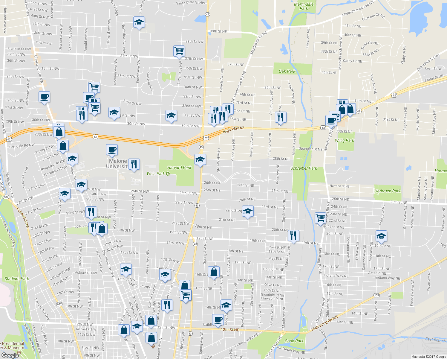 map of restaurants, bars, coffee shops, grocery stores, and more near 909 Colonial Boulevard Northeast in Canton