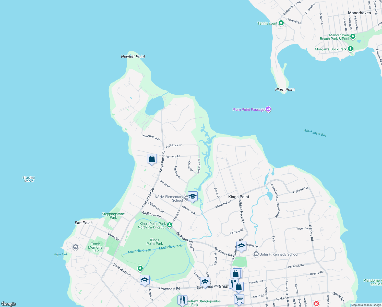map of restaurants, bars, coffee shops, grocery stores, and more near 16 Farmers Road in Kings Point