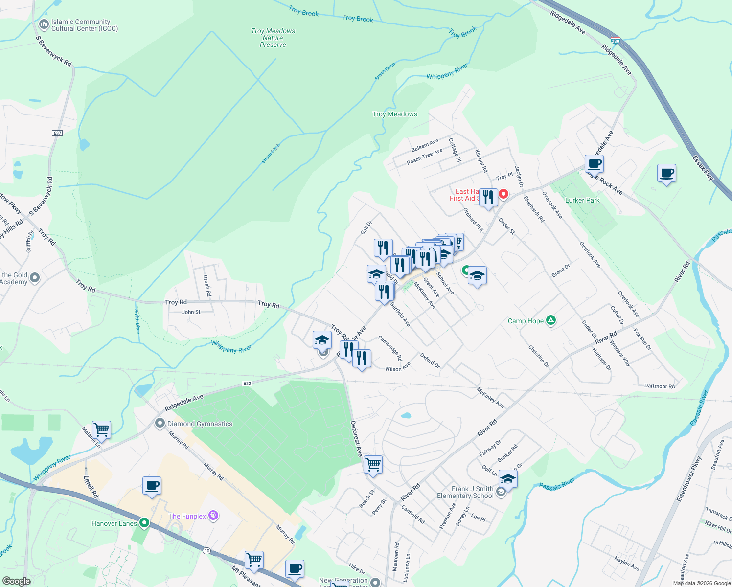 map of restaurants, bars, coffee shops, grocery stores, and more near 17 Weaver Place in East Hanover