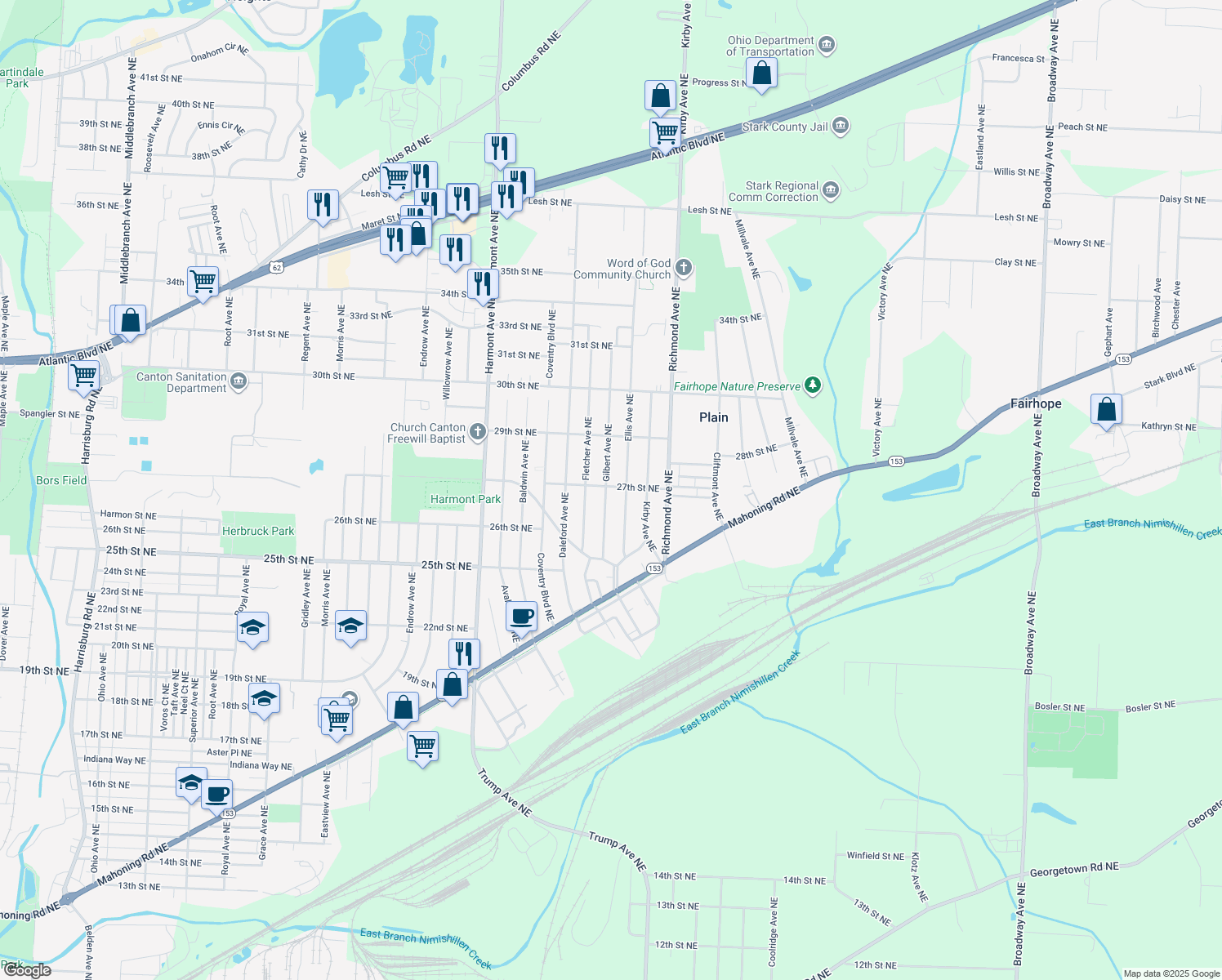 map of restaurants, bars, coffee shops, grocery stores, and more near 2658 Gilbert Avenue Northeast in Canton