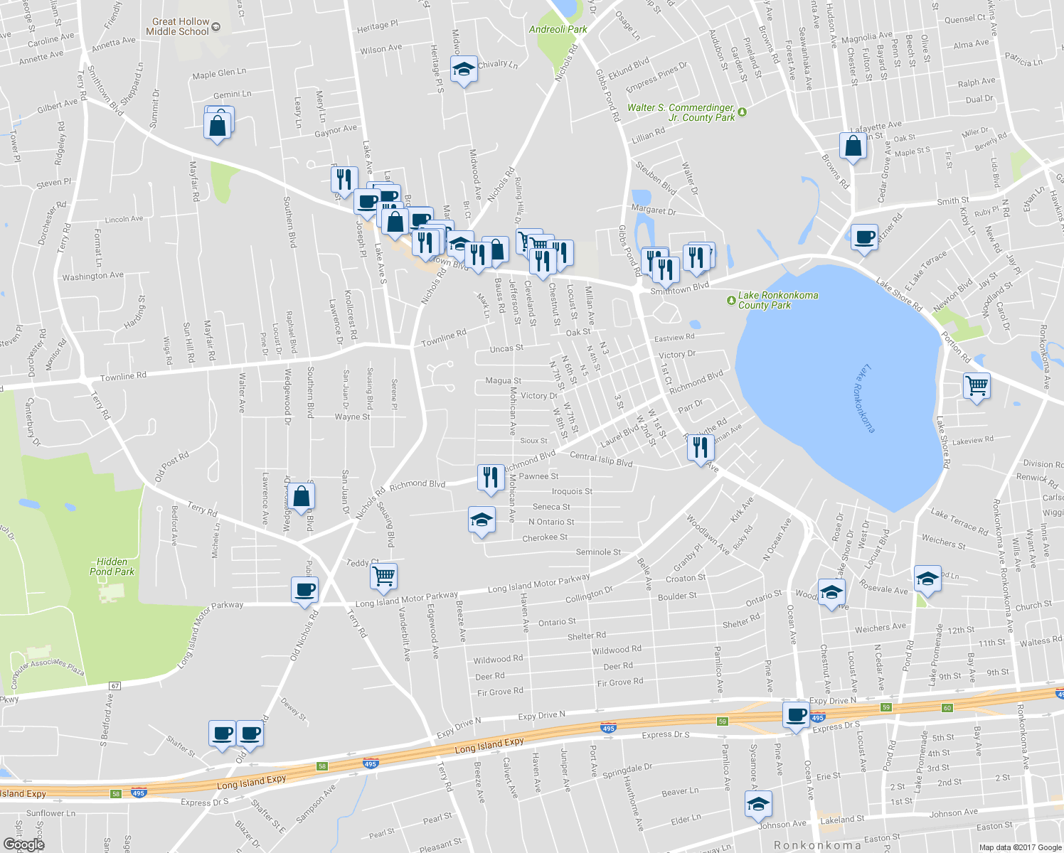 map of restaurants, bars, coffee shops, grocery stores, and more near 174 Mohawk Street in Ronkonkoma
