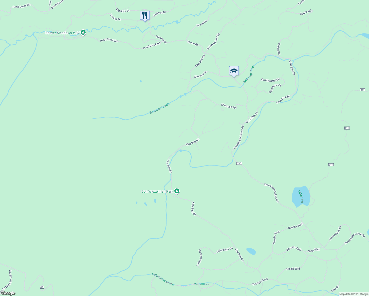 map of restaurants, bars, coffee shops, grocery stores, and more near 1270 Tiny Bob Road in Red Feather Lakes