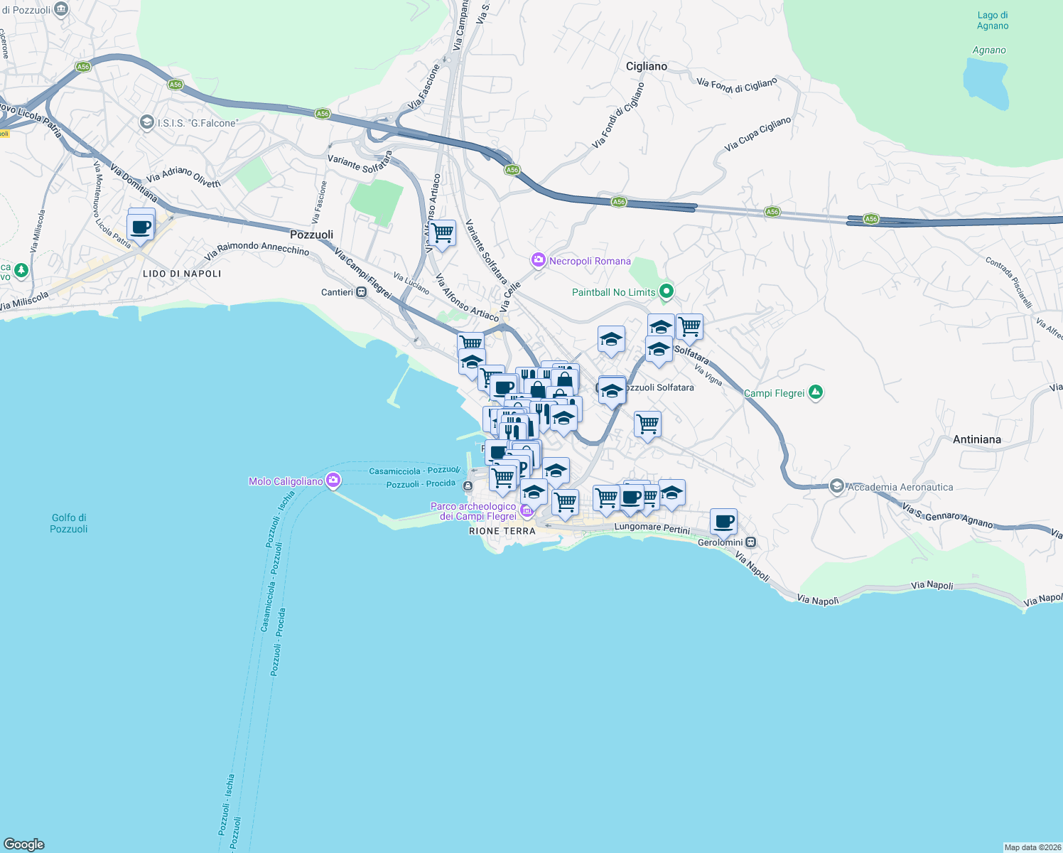 map of restaurants, bars, coffee shops, grocery stores, and more near 50 Via G. Pergolesi in Pozzuoli