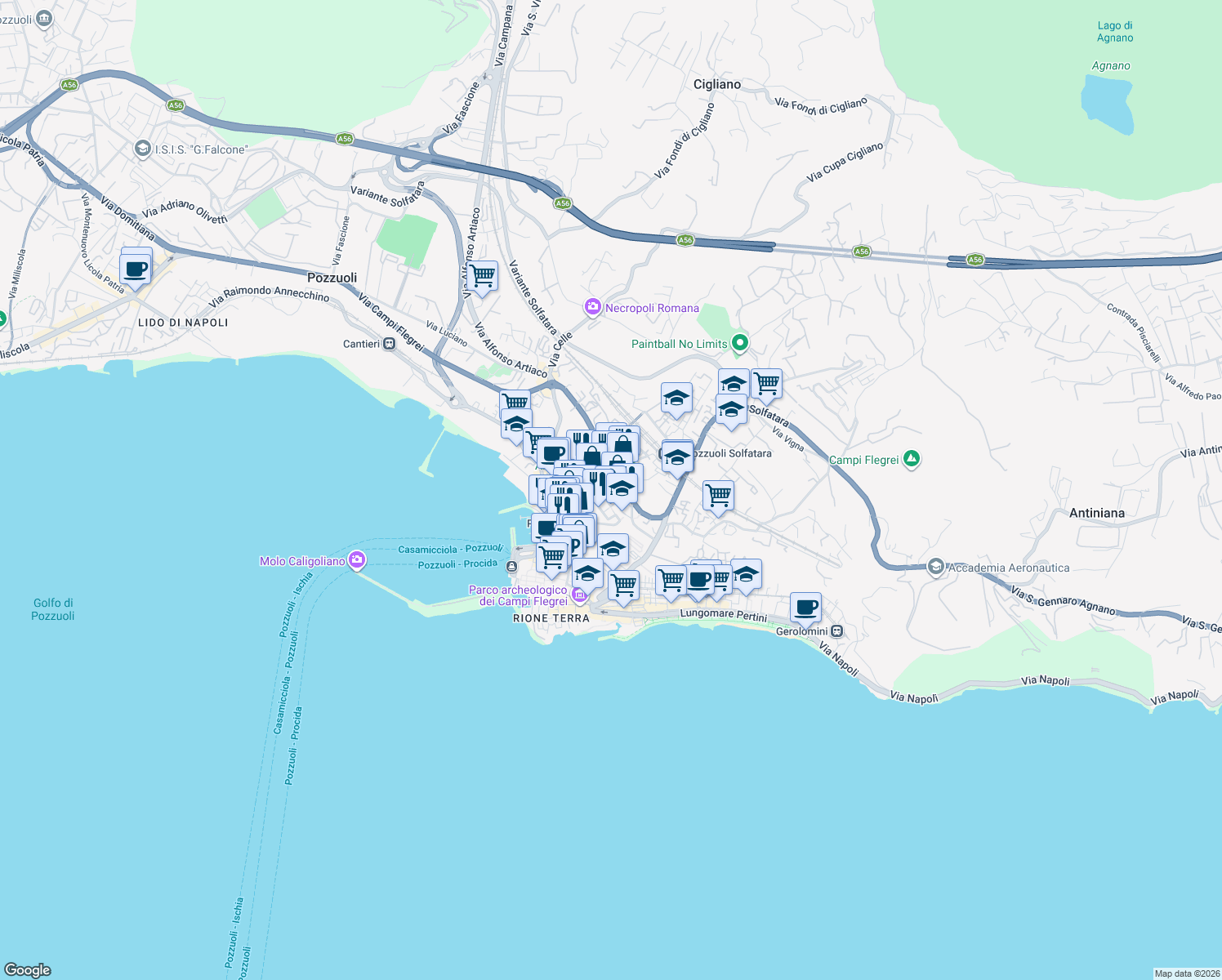 map of restaurants, bars, coffee shops, grocery stores, and more near 50 Via Giambattista Pergolesi in Pozzuoli