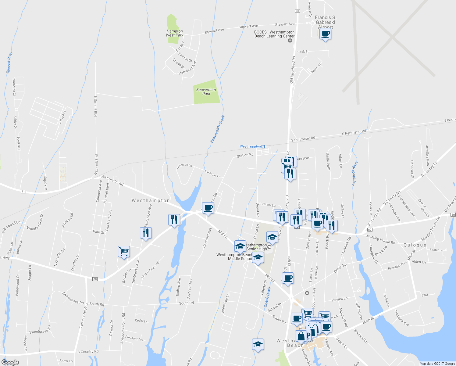 map of restaurants, bars, coffee shops, grocery stores, and more near 4 Cedarfield Lane in Westhampton