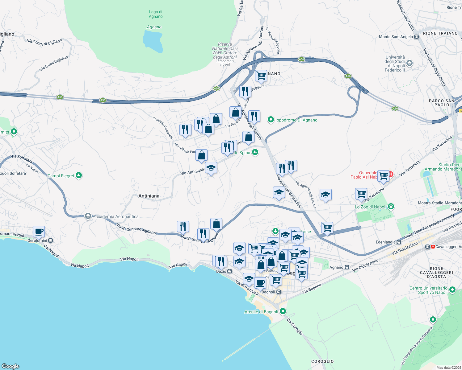 map of restaurants, bars, coffee shops, grocery stores, and more near 7 Via Vicinale Montespina in Napoli