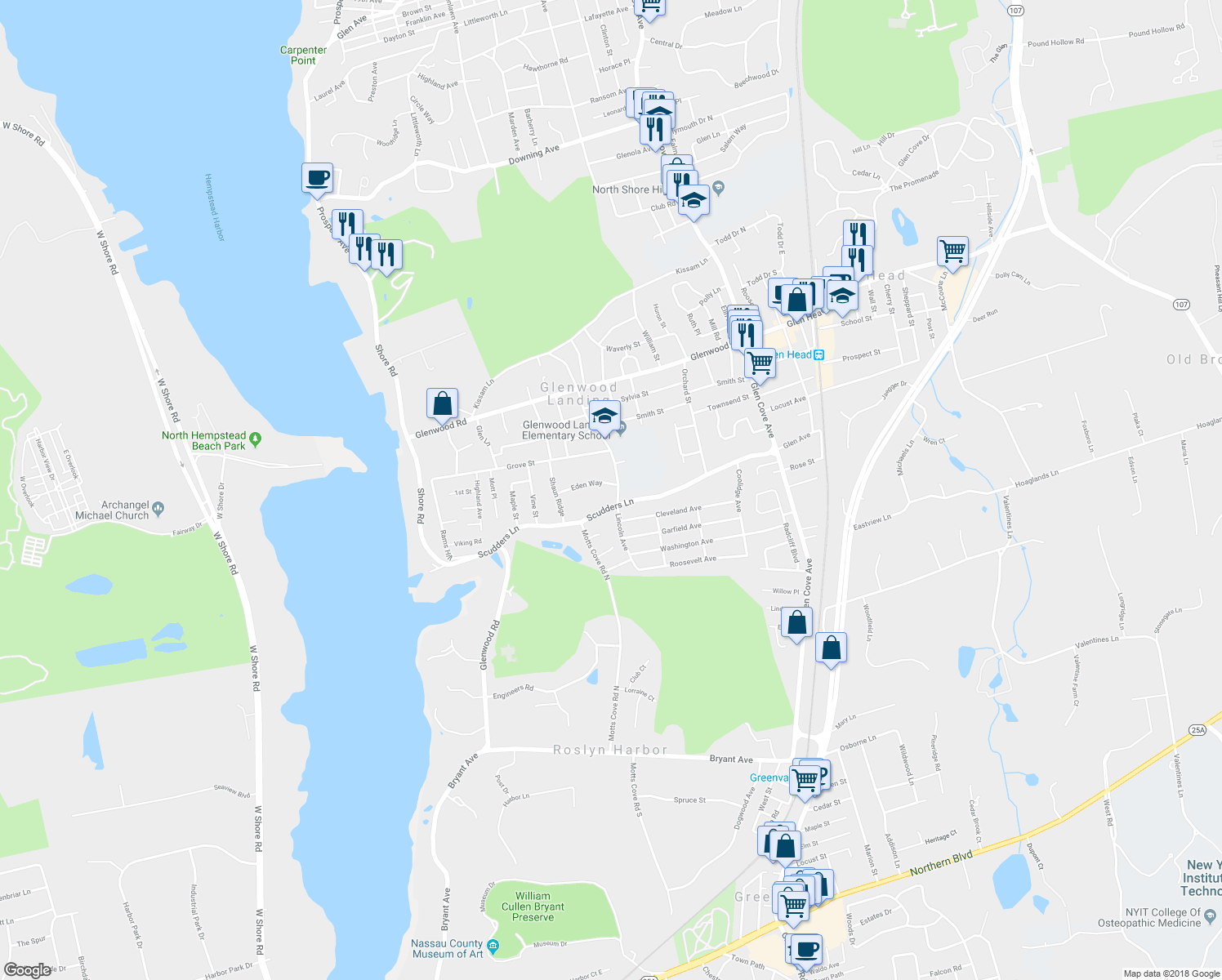 map of restaurants, bars, coffee shops, grocery stores, and more near 65 Eden Way in Roslyn