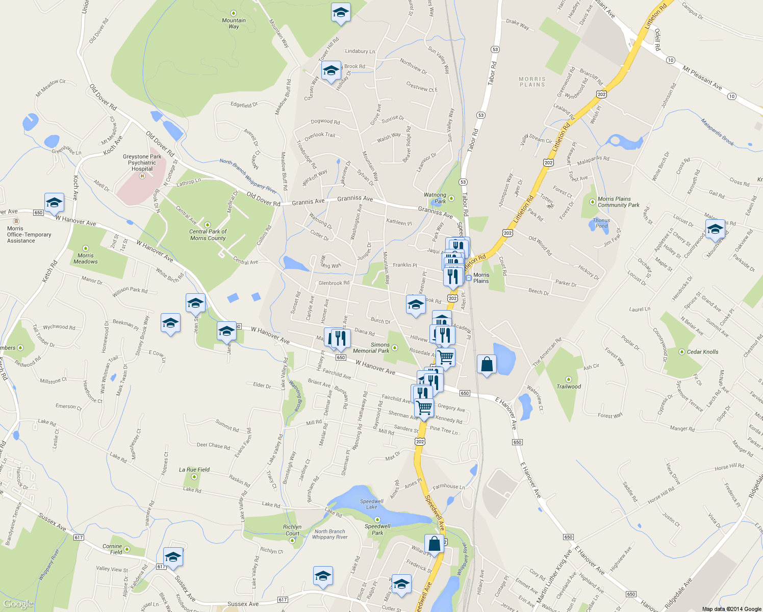 map of restaurants, bars, coffee shops, grocery stores, and more near 8 Burch Drive in Morris Plains