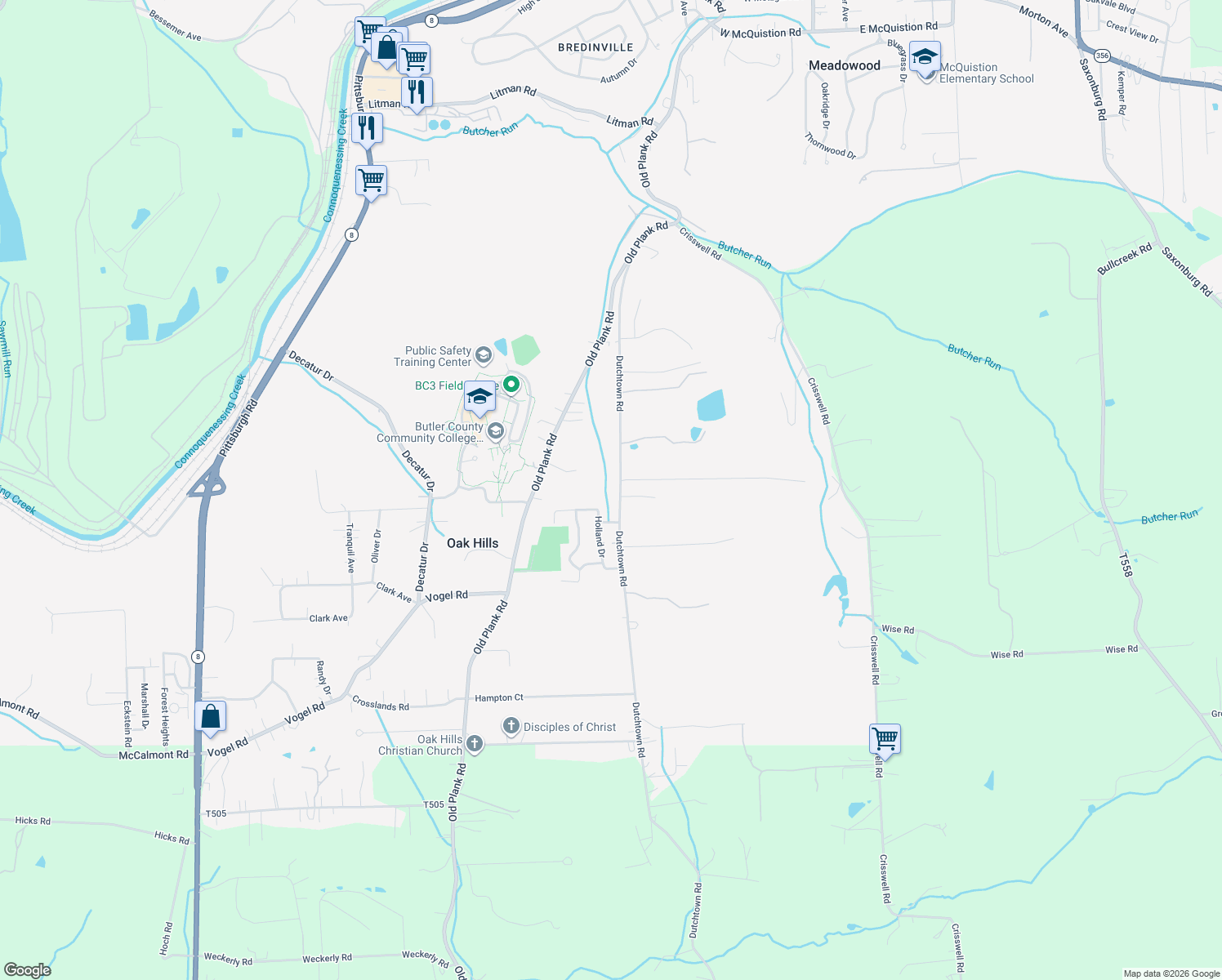 map of restaurants, bars, coffee shops, grocery stores, and more near 136 Dutchtown Rd in Butler