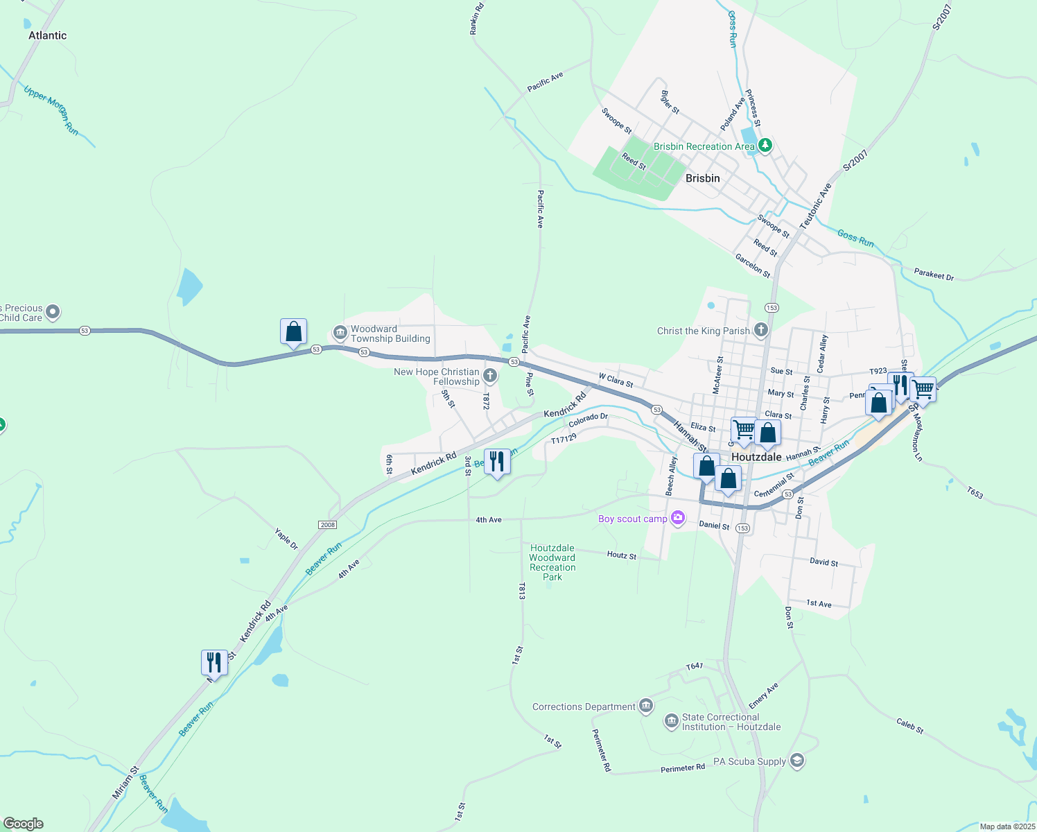 map of restaurants, bars, coffee shops, grocery stores, and more near 26 Mill Dr in Houtzdale