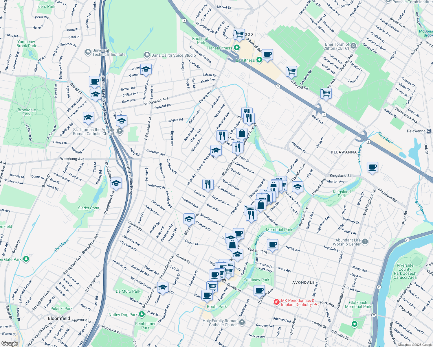map of restaurants, bars, coffee shops, grocery stores, and more near 32 Forest Ave in Nutley