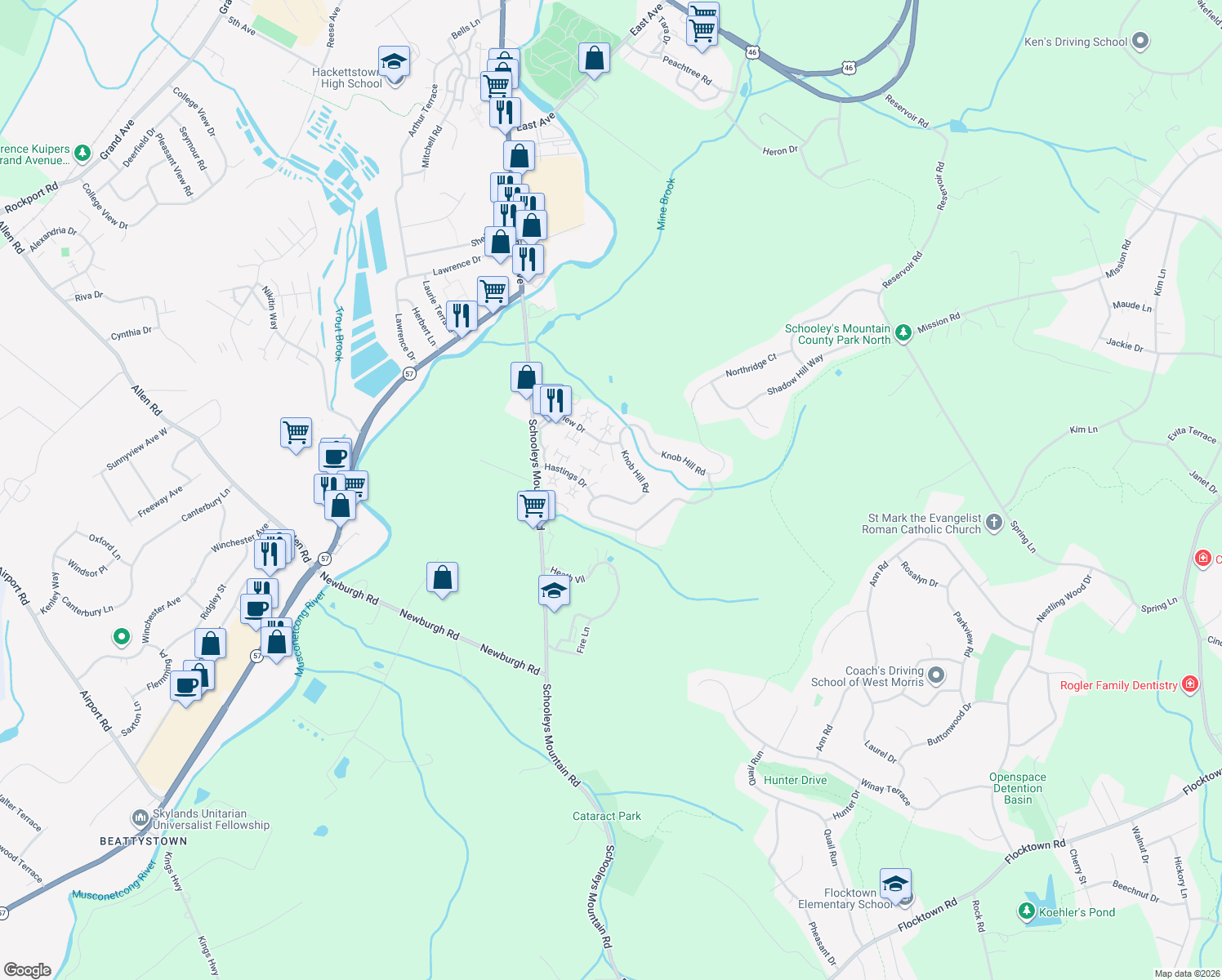map of restaurants, bars, coffee shops, grocery stores, and more near 43 Knob Hill Road in Hackettstown